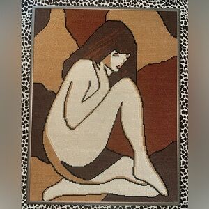 VTG FRAMED NEEDLEPOINT CROSS STITCH NUDE WOMAN FIGURAL MCM 14.5” X 18.5”